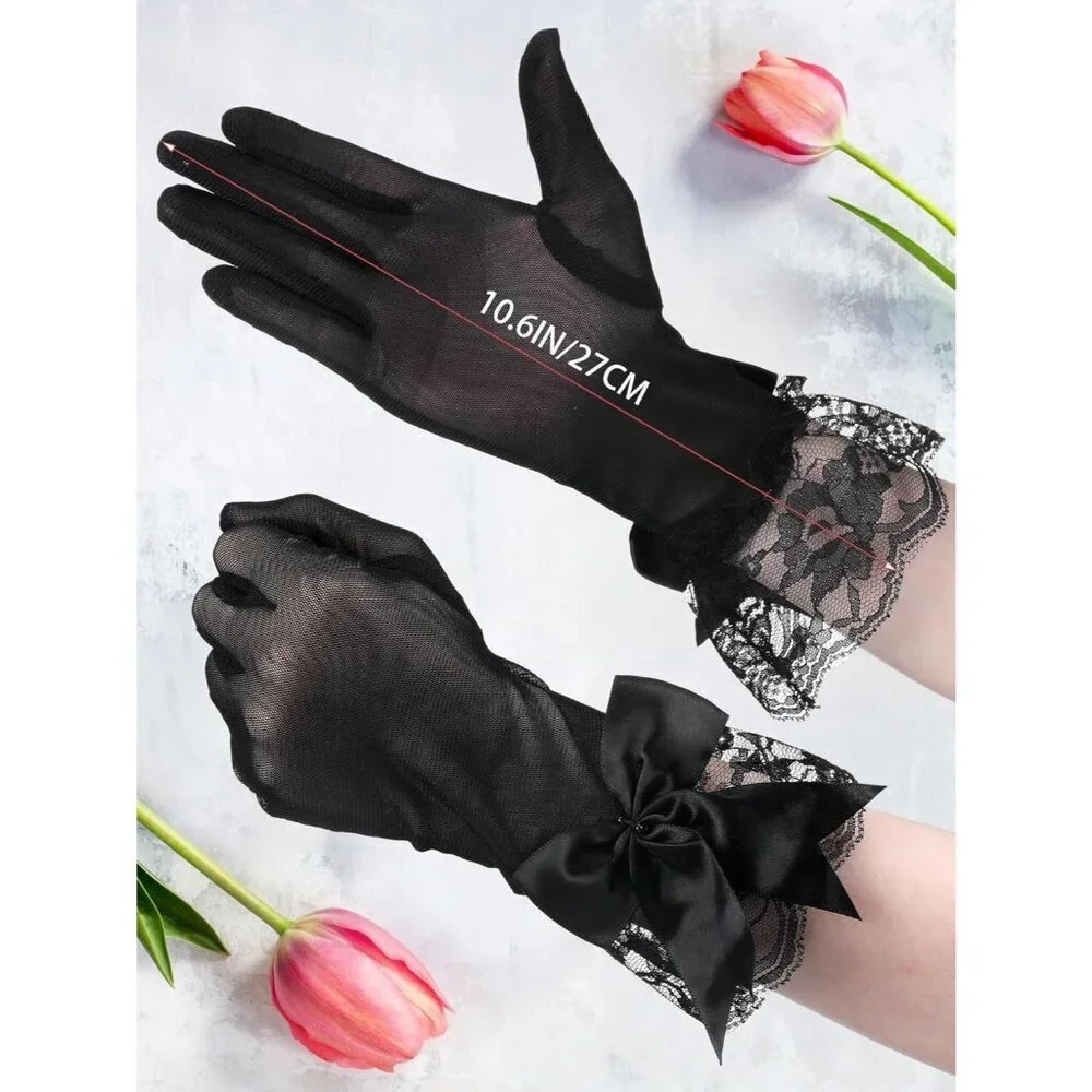 Women's Evening Black Elegant Short Lace Bow Gloves Party Wedding Accessories